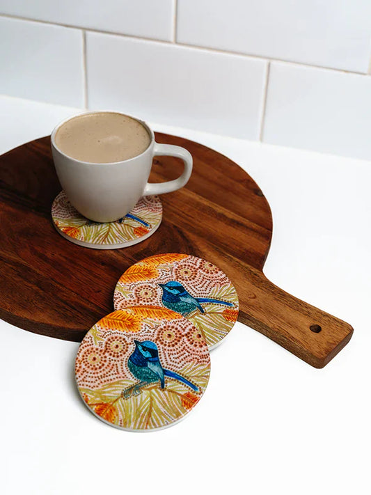 Aboriginal Blue Wren Ceramic Coaster